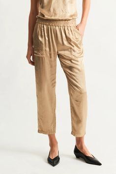 Pebble Satin Sand Trapunto Pant – Raquel Allegra Silk Bottoms With Elastic Waistband And Straight Leg, Chic Satin Bottoms With Pockets, High-waisted Silk Bottoms With Elastic Waistband, Silk High-waisted Bottoms With Elastic Waistband, High-waisted Silk Pants With Elastic Waistband, Silk High-waisted Pants With Elastic Waistband, Silk Trousers With Pockets, Casual Silk Straight Leg Pants, Silk Bottoms With Elastic Waistband, Ankle-length