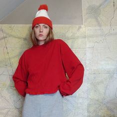 "Baggy, stretchy, cozy ~ red long sleeve pullover fully hemmed ~ faint mark on back of sleeve (pictured) not very noticeable ~ tag size 4XL suits most sizes depending on desired fit ~ see measurements below * * Measurements taken in inches with the garment laying flat: double the armpit, waist, hips. * * Pit to pit 25\" Sleeve 25\" Length 21\" * * * P.S. When purchasing vintage apparel it's normal to expect some natural wear of the item due to the age of the garment and it's previous use. I do m Oversized Red Long Sleeve Shirt, Retro Red Crew Neck Top, Red Oversized Long Sleeve T-shirt, Retro Red Long Sleeve T-shirt, Vintage Red Long Sleeve Sweatshirt, Waffle Knit, Long Sleeve Pullover, Blue Stripes, Long Sleeve Tees