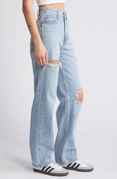 Ripped-out holes and a faded wash put a retro spin on high-waisted boyfriend jeans cut from comfortable cotton nonstretch denim. 32" inseam; 16" leg opening; 12 1/2" front rise; 16" back rise (size 29) Zip fly with button closure Five-pocket style 100% cotton Machine wash, tumble dry Imported Everyday Light Wash Distressed Flare Jeans, Casual Cutoff Flare Jeans For Everyday, Casual Everyday Flare Cutoff Jeans, Distressed Relaxed Fit Flare Jeans For Spring, Spring Distressed Relaxed Fit Flare Jeans, Spring Relaxed Fit Distressed Flare Jeans, Trendy Rigid Denim Cutoff Flare Jeans, Trendy Cutoff Flare Jeans In Rigid Denim, Spring Distressed Cutoff Flare Jeans