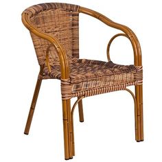 a chair made out of rattan and wicker with an armrest that is bent to the side