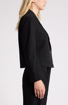 The classic blazer with peaked lapels and a two-button closure gets a modern twist with a cropped length. 21 1/2" length (size Medium) Two-button closure Peaked lapels Front flap pockets Lined 62%REPREVE® recycled polyester, 33% rayon, 5% spandex REPREVE recycled polyester is made from 100% post-consumer recycled plastic bottles Machine wash, tumble dry Imported Crop Blazer, Classic Blazer, Nordstrom Store, Fabric Gifts, Free Fabric, Anniversary Sale, Recycle Plastic Bottles, Black Blazers, Black Fits