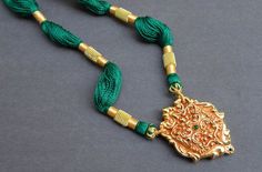 Gold Filigree Necklace, Temple Jewelry, Tribal Necklace, Green Silk Threads, Statement Necklace, Ind Festival Temple Necklace With Large Pendant As Gift, Gift Large Pendant Temple Necklace For Festivals, Festival Gift Temple Necklace With Large Pendant, Festivals Gift Temple Necklace With Large Pendant, Ornate Pendant Necklace For Diwali, Festival Temple Necklace With Pendant For Celebration, Ornate Diwali Pendant Necklace, Ornate Pendant Temple Necklace As Gift, Festival Filigree Pendant Temple Necklace