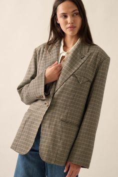 Pretty Smart Houndstooth Plaid Tweed Blazer - ShopPromesa Semi-formal Tweed Jacket With Notch Lapel And Houndstooth Pattern, Semi-formal Houndstooth Outerwear With Lapel Collar, Semi-formal Houndstooth Notch Lapel Outerwear, Fitted Houndstooth Button-up Outerwear, Double-breasted Wool Houndstooth Outerwear, Decorative Buttons, Tweed Blazer, Tweed Fabric, Black Blazers