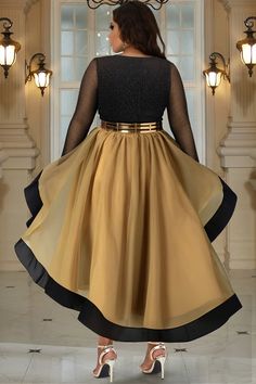 Xpluswear Design Plus Size Cocktail Party Black Gold V Neck Long Sleeve High Low Hem Tulle Midi Dresses [Pre-Order] - Xpluswear Black And Gold Theme Party Outfit, Black And Gold Dress Outfit, Black And Gold Wedding Dress, Black And Gold Outfits, Black Gold Gown, Gold Elegant Dress, Black And Gold Party Dress, Gold Dress Outfits, Black And Gold Gown