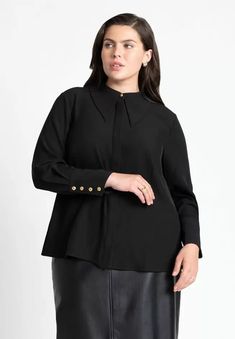 Pointed Collar Button Down, Top Sale, Totally Black | Eloquii Collared Blouse For Business In Fall, Solid Tops With Placket For Workwear, Office Shirt With Collared Placket, Long Sleeve Tops With Placket For Office, Collared Shirt With Placket For Office, Collared Office Shirt With Placket, Versatile Collared Shirt With Button Cuffs, Modern Collared Blouse For Office Wear, Office Wear Collared Tops With Placket