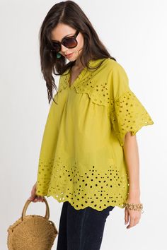 Lime Twist Lace Top :: NEW ARRIVALS :: The Blue Door Boutique Casual V-neck Eyelet Blouse, Chic Cotton Blouse With Cutwork Hem, Eyelet Tops With Relaxed Fit For Daywear, Relaxed Fit Eyelet Tops For Daywear, Cotton Eyelet V-neck Top, Spring V-neck Tops With Broderie Anglaise, Spring Eyelet V-neck Top, Spring V-neck Eyelet Top, Summer V-neck Eyelet Top