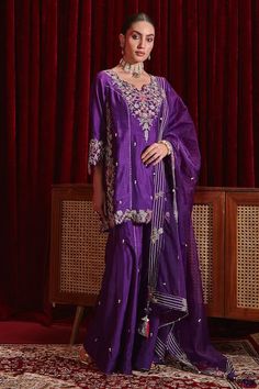 Buy Purple Dupion Silk And Organza Embroidered Manu Kurta Gharara Set For Women by Ajiesh Oberoi Online at Aza Fashions. Traditional Suit, Kurta Patterns, Short Kurta, Purple Suits, Royalty Aesthetic, Embroidered Dupatta, Embroidery Suits Design, Dupion Silk, Lehenga Designs