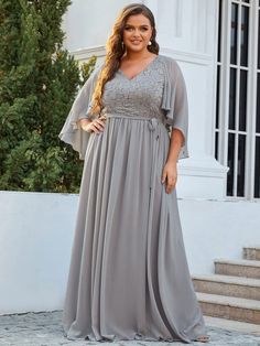 This sexy and edgy plus size formal evening dress would help you to show off your great choice and style. The plus maxi evening dress has an A-line silhouette and accentuates your whole body. It features deep V-neck and ruffles sleeves. The waist belt is also present which creates the illusion of slimmer waist. Grab this curvy evening dress and win hearts. A perfect choice for formal weddings and evening parties, cocktail, prom, homecoming, graduation, and any other formal affair! Fit: Please re Ruffles Sleeves, Slimmer Waist, Edgy Dress, Dress With Sleeves, Chiffon Evening Dresses, Evening Dresses Plus Size, Ruffle Sleeve Dress, Flattering Dresses, Maxi Dress Evening