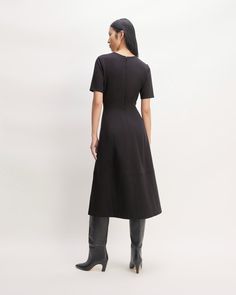 The Dream Short-Sleeve Dress Black – Everlane Flattering A-line Midi Dress With Pleated Waist, A-line Midi Dress With Fitted Waist, Sleek A-line Midi Dress With Flattering Silhouette, Workwear A-line Maxi Dress With Fitted Bodice, Fit And Flare A-line Midi Dress For Work, Elegant Seamed Dresses For Workwear, Elegant Seamed Workwear Dresses, Spring A-line Midi Dress With Fitted Bodice, Chic A-line Midi Dress With Flattering Cut