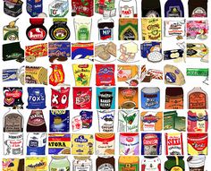 a collage of different types of food and drink labels on white paper with colored inks