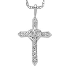 Introducing our stunning 14k white gold diamond heart cross necklace for her. This religious diamond necklace features a beautiful white gold cross pendant with a heart-shaped center, adorned with 1/10ct. diamonds. Our women's diamond cross pendant is the perfect accessory to add a touch of elegance to any outfit. The diamond heart pendant is delicately crafted to create a unique and timeless piece of jewelry. This white gold heart necklace is perfect for those who want to show their faith in style. Our diamond cross pendant for her is a must-have for any jewelry collection. Shop now and add this religious heart necklace to your collection. White Gold Heart Necklace, White Gold Cross Pendant, Heart Cross Necklace, Necklace For Her, Gold Cross Pendant, Diamond Cross Pendants, Gold Heart Necklace, Heart Pendant Diamond, Diamond Cross