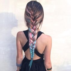 Color hair, hair style, rainbow Pink And Blue Highlights, Fishtail Braid, Unicorn Hair, Braided Hair