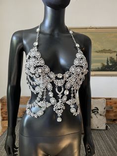 Rhinestone body chain , is made with crystals and pendants Emphasis on the body Chic design, combined with an intense and dazzling shine of silver and crystals. Body jewelry is made of crystal, rhinestone, crystal beads Silver color of luxury His presence is always felt. A lovely combination crystals silver and clear crystal Size 36-38 The whole piece does not have a fabric backbone ; only carefully detailed crystal elements The back part is securely fixed with a chain Female Na'vi, Rhinestone Body Chain, Body Jewerly, Shoulder Jewelry, Body Necklace, Shoulder Necklace, Silver Tiara, Crystal Tiaras, Beading Ideas