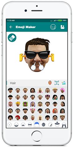 an iphone with the emoj maker app on it's screen, showing different facial expressions