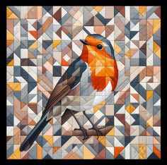 a bird sitting on top of a patchwork piece of art that looks like it is made out of tiles