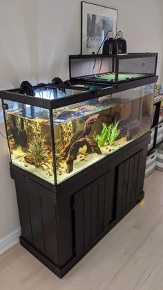 a fish tank sitting on top of a hard wood floor