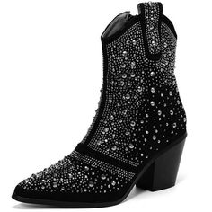 DADAWEN women's western-style cowboy boot is made of synthetic leather and has a rubber sole. The upper is adorned with beautiful rhinestone embellishments, arranged in various combinations to create an eye-catching style. The boot features a chunky square heel design, providing better support for the feet and reducing the strain of the heel height. This western-style cowgirl boot boasts a fashionable appearance, comfortable fit, and good quality, making it the perfect choice for stylish outfits Western Boots With Rhinestones And Pointed Toe, Western High Heel Boots For Rodeo, Winter Boots With Rhinestone Rivets And Round Toe, Western Style High Heel Mid-calf Boots For Winter, Western High Heel Rhinestone Boots, Western Boots With Rhinestone Rivets For Fall, Western High Heel Boots With Rhinestones, Western Pointed Toe Boots With Rhinestone Rivets, Fall Ankle Boots With Rhinestone Rivets