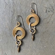 Bronze Wire Wrapped Round Earrings, Yellow Gold Spiral Earrings With Ear Wire, Bronze Brass Wire Wrapped Hoop Earrings, Bronze Copper Jewelry With Lever Back Ear Wires, Handmade Steampunk Gold Earrings, Handmade Gold Steampunk Earrings, Gold Wire Wrapped Metal Earrings, Gold Metal Earrings With Wire Wrapped Detail, Steampunk Gold Dangle Jewelry