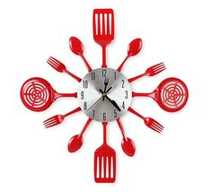 a clock with red forks and spoons on the face that is shaped like a circle