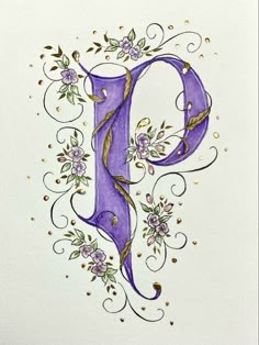 a drawing of the letter d with flowers and vines on it's side, in purple