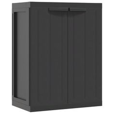 an outdoor storage cabinet with doors and shelves on the sides, in dark grey color