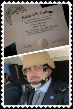 a man in a suit and tie wearing a helmet with a certificate attached to it