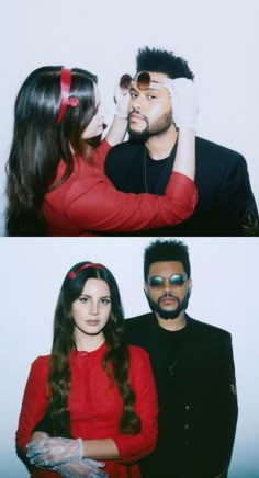 two people standing next to each other in front of a white wall and one person wearing sunglasses