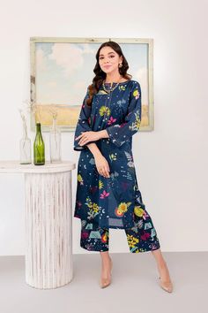 BATIK Women's Stitched 2Pc Semi Formal Clothing | BA01983 Blue Long Sleeve Pant Set For Spring, Spring Blue Floral Print Kurta, Blue Long Sleeve Pant Set For Summer, Navy Cotton Sets For Spring, Blue Fitted Floral Print Kurta, Blue Unstitched Pant Set For Eid, Indigo Long Sleeve Summer Sets, Unstitched Blue Pant Set For Eid, Casual Indigo Sets For Summer