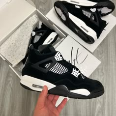 Brand New Authentic White And Black Jordans 4s, Trending Womens Shoes Sneakers, Jordan 4s White Thunder, All Black Jordan 4’s, Expensive Sneakers For Men, Black And White Jordan 4’s, Pretty Sneakers For Women, Shoe Game For Women, Cute Jordan 4