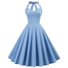 Retro Polka Dot Dresses For Party, Summer Vintage Dress For Prom, Retro Halter Neck Party Dress, Polka Dot Halter Neck Dress, Summer Polka Dot Dresses With Fitted Bodice, Retro Polka Dot Dress For Evening, Summer Lace Polka Dot Dress, Retro Polka Dot Evening Dress, Retro Lace Dress For Party