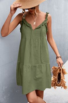 Women's Casual Mini Dress Ruffled Sleeveless Big Swing A Line Boho Dress Casual Sleeveless Dress With Ruffle Hem For Spring, Summer Sleeveless Dress With Ruffled Straps, Green Mini Ruffle Dress For Summer, Sleeveless Ruffle Hem Mini Dress For Summer, Sleeveless Cotton Ruffle Dress, Sleeveless Cotton Mini Dress With Ruffles, Green Ruffled Sleeveless Dress For The Beach, Green Sleeveless Ruffle Dress For Beach, Green Ruffled Sleeveless Beach Dress