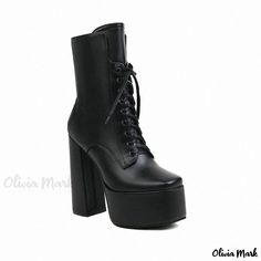 Olivia Mark - Waterproof Platform Chunky Heel Ankle Boots with Thick Soles and Martin Boot Silhouette Steve Madden Thora Boots, White Stilettos, Boot Silhouette, Rough Heels, Chunky Heel Ankle Boots, Square Head, Super High Heels, Heel Ankle Boots, Platform Heels Chunky