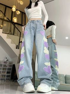 Machine wash and hang dry for optimal quality.  Sizes usually run smaller than USA sizing, we recommend to size up once for correct sizing. Contact us for additional concerns. Butterfly Pattern Design, Vintage Jeans Style, Dr Wardrobe, Love Butterfly, Design Jeans, Denim Decor, Shiny Pants, Cute Jeans, Spring Women