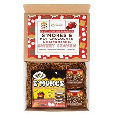 the smores and hot chocolate hamper gift set is packed in a cardboard box