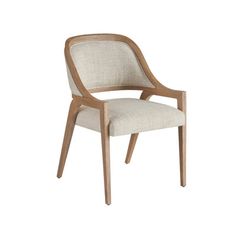 an upholstered chair with wooden frame and fabric seat, viewed from the front