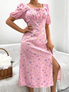 F00220429-405 Home Dress Women, Blue Plaid Dress, Dress Vacation, Holiday Summer, Design Square, High Waist Fashion, Split Dress, Trendy Prints, Pink Maxi Dress