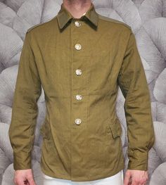 Soldier's military jacket made cotton fabric for USSR Army Khaki Cotton Blazer With Long Sleeves, Khaki Long Sleeve Cotton Blazer, Khaki Cotton Long Sleeve Blazer, Olive Cotton Outerwear With Patch Pockets, Fall Cotton Khaki Blazer, Khaki Cotton Single Breasted Outerwear, Khaki Single-breasted Cotton Outerwear, Olive Cotton Outerwear With Flap Pockets, Khaki Cotton Single-breasted Outerwear