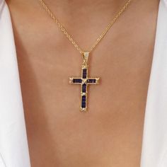 Material: gold plated stainless steel, crystals Length: 17" + 2" extension Pendant size: 0.95" x 1.35" IMPORTED Pink London, London 2023, Necklace Blue, Cross Jewelry, Bling Bling, Cross Necklace, Gold Plate, Plating, Stainless Steel