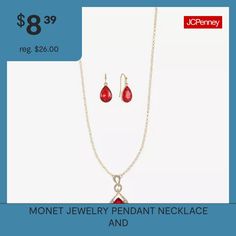 # Pieces In Set: 2Included: 1 Necklace(s), 1 Pair of EarringsFeatures: In A Gift Box, Adjustable ChainEarring Back: WireJewelry Closure: Lobster ClaspLink Construction: SolidShape: TeardropMetal Color: Gold ToneChain Length: 17 InchEarring Length: 28mmEarring Width: 11.5mmExtender Length: 2 InchPendant Length: 43mmPendant Width: 21mmChain Construction: RoloCare: Wipe CleanStone Type: 3 GlassEarrings Type: Wire EarringsEarrings Style: Drop EarringsMetal: ZincNecklace Type: Pendant NecklacesPenda… Red Metal Jewelry For Mother's Day, Monet Jewelry, Jewelry Pendant, Drop Earring, Glass Jewelry, Type 3, Wire Jewelry, Pendant Jewelry, Jewelry Set