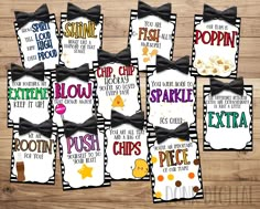 six black and white printables with different sayings on them, including popcorn