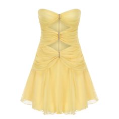 Introducing The Ilana Dress, a vision of ethereal elegance.  Designed with luxurious fabric, the exterior features a textured surface, gracefully swaying in the sunlight. Pre-draped Pleated Chiffon Dress, Pre-draped Chiffon Gala Dresses, Pre-draped Cocktail Dress With Ruched Bodice, Yellow Fitted Mini Dress For Prom, Yellow Ruffled Wedding Dress, Fitted Yellow Mini Dress For Prom, Yellow Fitted A-line Evening Dress, Gold Ruched Draped Dress, Fitted Yellow A-line Evening Dress