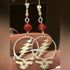 Grateful Dead Steal Your Face Hanging Earrings, Artisan Handmade With Love. Red Bead & Silver. One Of A Kind! Nickel Free Red Jewelry Gift, Nickel Free Red Jewelry As Gift, Red Nickel-free Jewelry For Valentine's Day, Nickel Free Red Jewelry For Valentine's Day, Nickel-free Red Jewelry Gift, Nickel-free Red Jewelry For Valentine's Day, Nickel-free Red Jewelry For Gifts, Symbolic Red Jewelry As Gift, Red Jewelry For Valentine's Day Festival