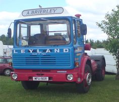 a blue and red truck is parked in the grass