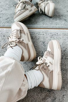 Two Way Street Platform Sneakers (Beige) - NanaMacs Club Outfits Sneakers, Sneakers And Skirt Outfit, Jeans Outfit Sneakers, Sneakers And Skirt, White Dress Sneakers, Chocolate Sneakers, Sneakers Chocolate, Chunky Platform Sneakers, Sneakers Wallpaper