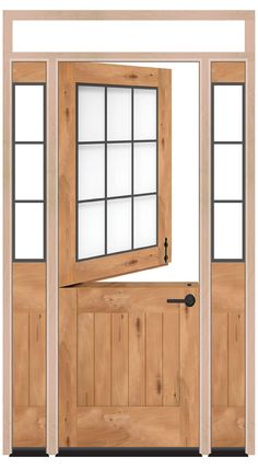 an open wooden door with glass panels