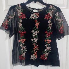 New With Tags! Beautiful Flower Embroider Details Zara Short Sleeve Shirt For Spring, Spring Black T-shirt With Floral Print, Cute Black Short Sleeve Blouse, Floral Applique Short Sleeve Tops For Summer, Black Short Sleeve Tops For Spring, Black Floral Embroidered T-shirt For Summer, Black Floral Print Crew Neck Tops, Spring Floral Embroidered Short Sleeve Tops, Cute Black Spring Blouse