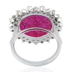 Exuding timeless beauty, this cocktail ring boasts intricate craftsmanship in 18K white gold, adorned with natural diamonds and carving rubies. Resembling a blooming flower, its delicate design evokes elegance and sophistication. A symbol of refined luxury, this ring adds a touch of grace and allure to any ensemble. This Ring is Made In 18k white gold: 4. 884 grams with diamonds: 1. 14 cts and Ruby: 3. 15cts(ING-9070)  This jewelry is made by hand featuring detailed workmanship. Be careful to avoid dropping or banging as physical impacts can result in damage to the pieces including stones falling off. To care for your or jewelry, take caution to keep away from harsh chemicals, Perfume, and Water. You may wipe with a clean polishing cloth to maintain a beautiful shine. Keep in mind that ext Diamond Cocktail Rings, Delicate Design, Ruby Ring, Independent Designers Fashion, Cocktail Ring, Cocktail Rings, Timeless Beauty, Semiprecious Stones, Precious Stones