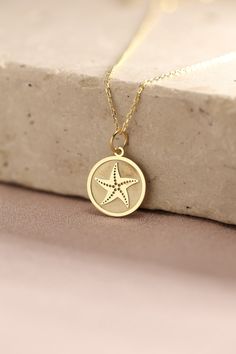 Gold Starfish Pendant - Seashell Gold Necklace ● Material of pendant: Solid Gold 14k ( REAL GOLD ) ● Metal Stamp: 14k ( REAL GOLD ) ● The pendant is available in 5 sizes: - 12,7 mm / 0.5 inches (Diameter) - 14,0 mm / 0,55 inches ( Diameter ) In the photos - 15,3 mm / 0.6 inches ( Diameter ) - 16,5 mm / 0,65 inches ( Diameter ) - 19,1 mm / 0,75 inches ( Diameter ) ( In the photos the size is 14mm / 0.55 inches Diameter ) ( Jump Ring inner diameter: 4 mm ) ● Material of chain: Solid gold 14k ( REA Ocean-inspired Charm Necklaces As Gift, Ocean-inspired Charm Necklaces As Gifts, Ocean-inspired Charm Necklaces For Gifts, Ocean-inspired Charm Necklace For Gift, Starfish Charm Pendant Jewelry For Gift, Starfish Charm Pendant Jewelry Gift, Ocean-inspired Jewelry With Starfish Charm As Gift, Ocean-inspired Jewelry With Starfish Charm For Gift, Starfish Charms Jewelry As A Gift