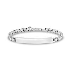 The round box link bracelet is a very popular bracelet worn by many men. We have decided to add a twist to this bracelet and make it engravable. Now you can personalize this round box link bracelet with the engraving of your choice. Makes for a perfect gift for any man. Available in silver, gold or black color. Product DetailsWidth: 5mm (0.2")ID Dimensions: 42mm x 6mm (1.65" x 0.24")Finish: Shiny Size Guideadd ~0.75" to your wrist size and choose that bracelet size PLEASE NOTEEngraved items are Popular Bracelets, Round Box, Id Bracelets, Many Men, Engraved Jewelry, Fashion Street Style, Precious Jewelry, Steel Jewelry, Steel Bracelet