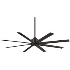 a ceiling fan that is black and has four blades on the blades, with one light on